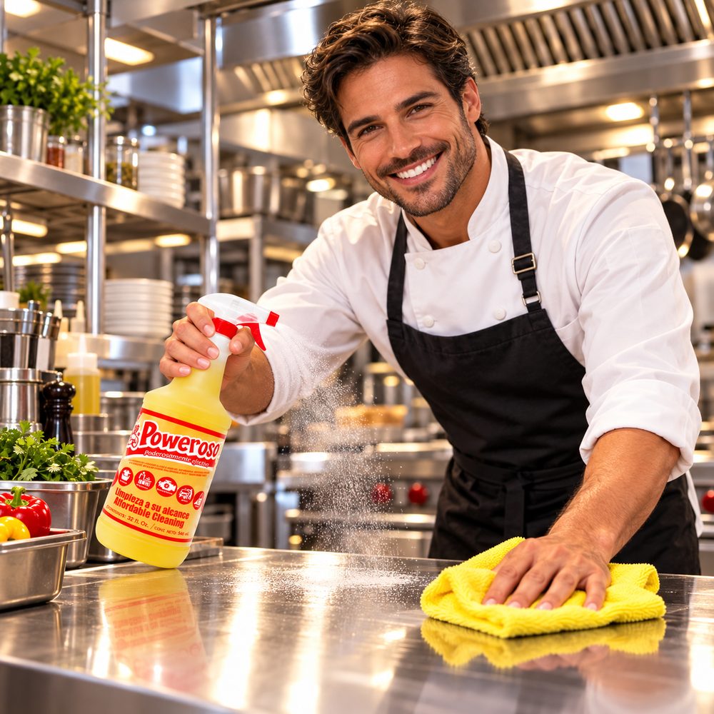 Productos de limpieza por mayoreo en CDMX: chef desengrasando una mesa de acero inoxidable con Poweroso Multiusos en atomizador
