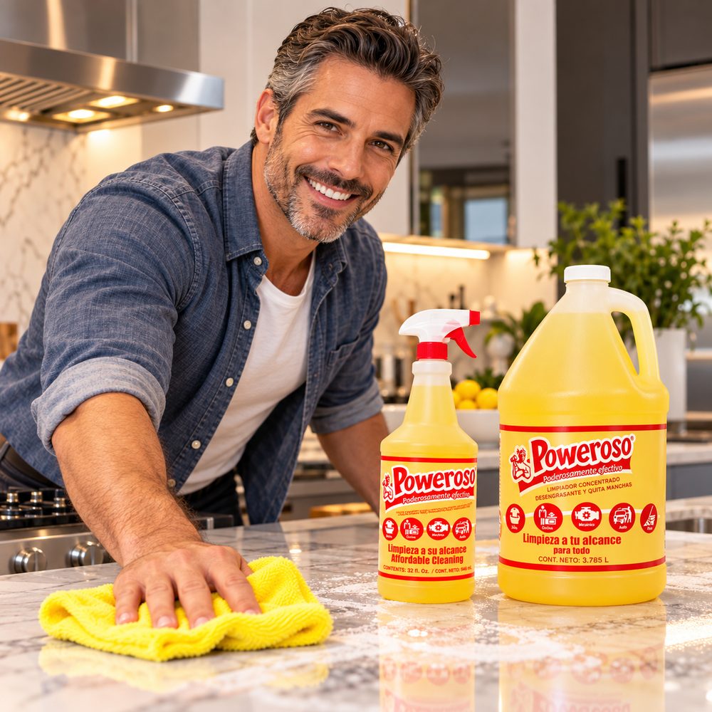 Productos de limpieza por mayoreo en Querétaro: hombre limpiando una barra de cocina con Poweroso Multiusos en atomizador y galón