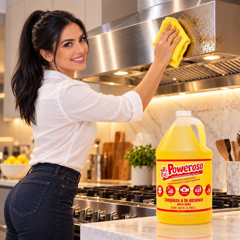 Desengrasante para cocina por mayoreo en Toluca: mujer limpiando la grasa de una campana con Poweroso Multiusos galón